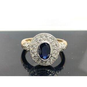 Blue Gemstone Diamond Cocktail Ring 14k Yellow Gold Estate Women's Size 7